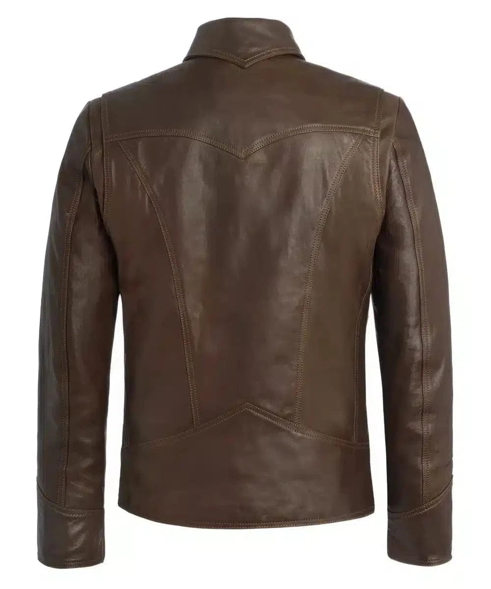 Back view of Logan Wolverine X-Men Days of Future Past replica brown leather jacket with vintage styling