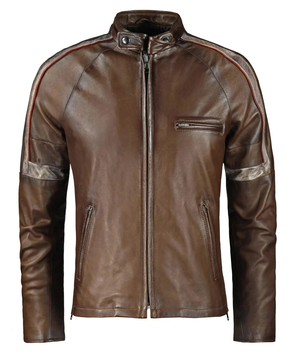 War of the Worlds replica brown leather cafe racer jacket with vintage stripe detailing