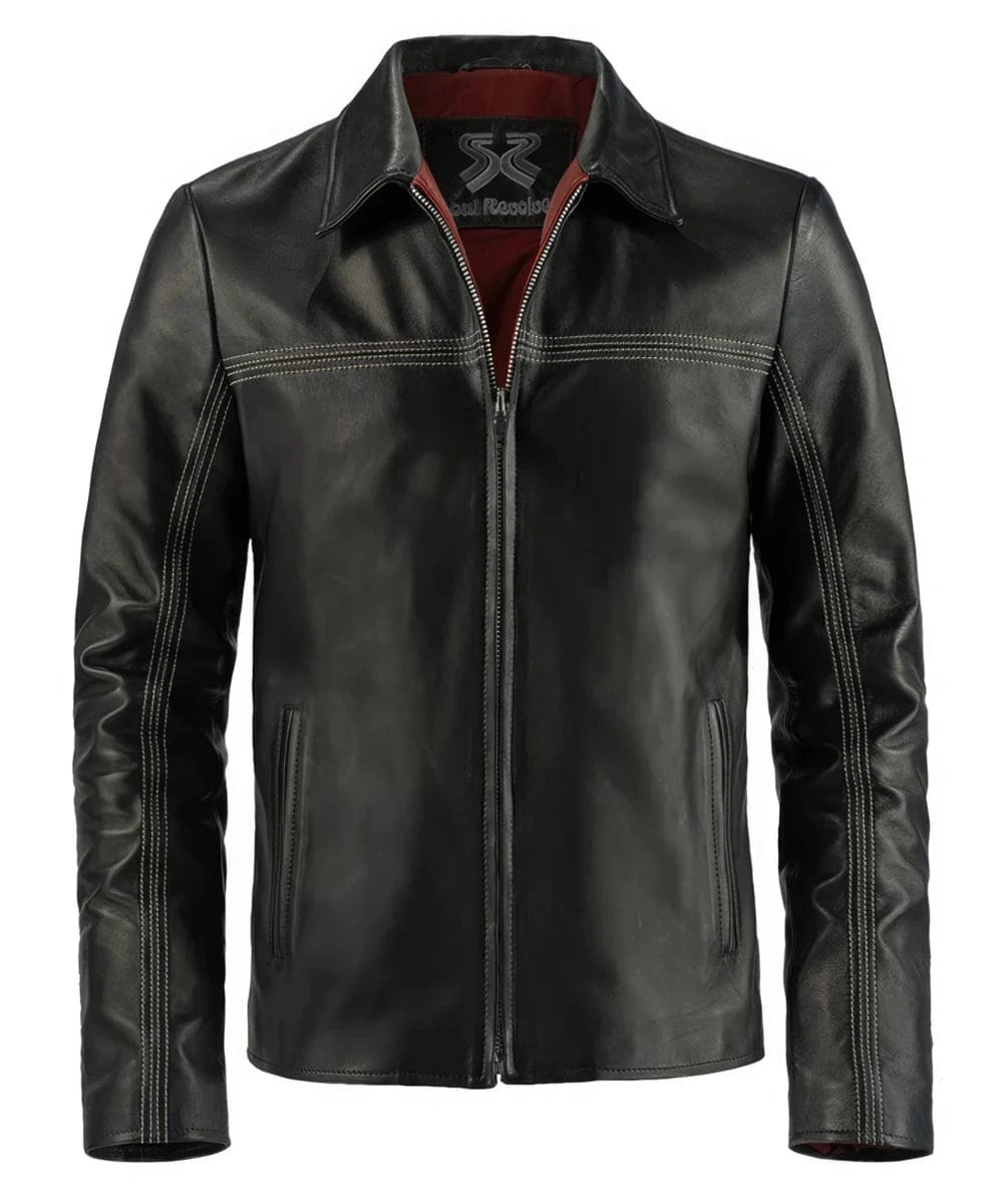 Black leather Layer Cake movie replica jacket with slim fit styling, vintage inspired collar, zip front closure, contrast stitching, and clean minimalist detailing