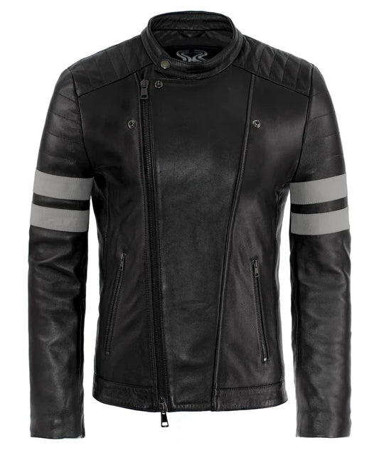 Black leather slim fit biker jacket with asymmetric zip front, quilted shoulders, silver sleeve stripes, and cafe racer styling