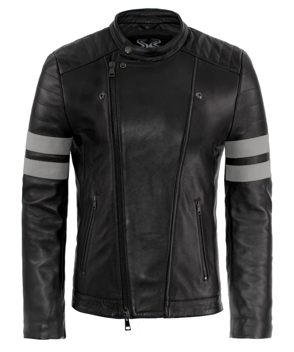 Black leather slim fit biker jacket with asymmetric zip front, quilted shoulders, silver sleeve stripes, and cafe racer styling