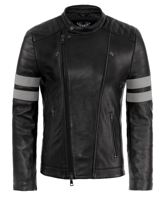 Black leather slim fit biker jacket with asymmetric zip front, quilted shoulders, silver sleeve stripes, and cafe racer styling