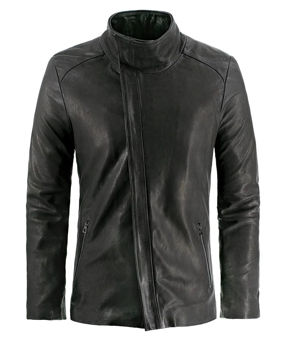 Grey leather slim fit jacket with concealed asymmetric zip front, high funnel collar, and minimalist futuristic styling
