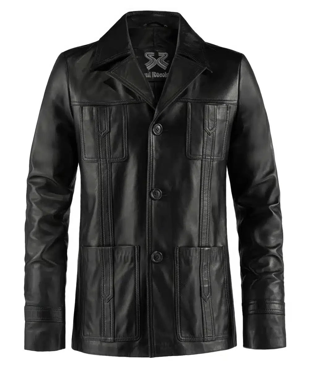 Black leather Life on Mars TV replica jacket with slim fit styling, vintage wide collar, button front closure, and retro utility pocket detailing