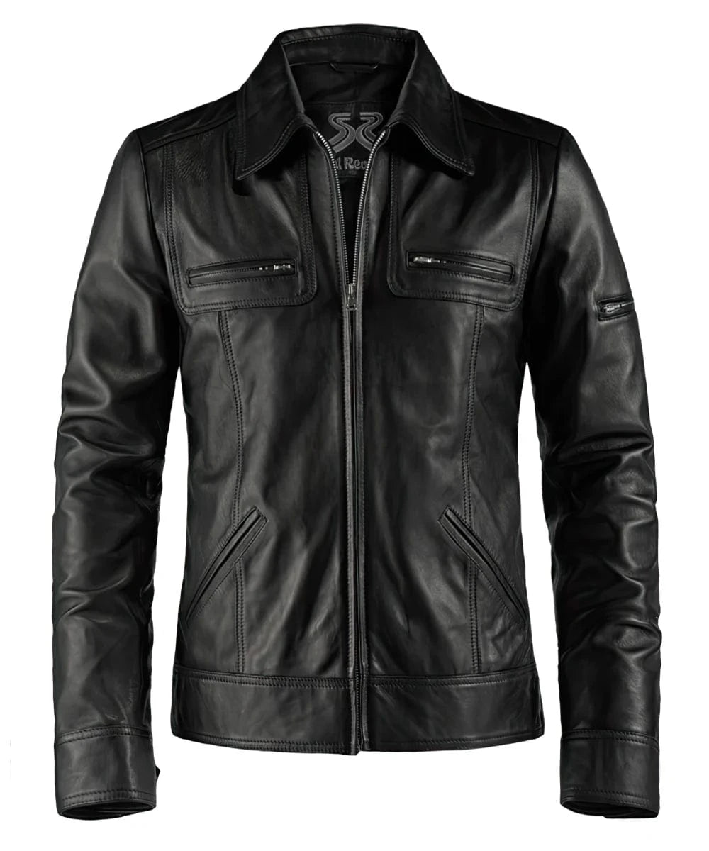 Vintage slim fit black leather jacket with retro pointed collar styling and zip chest pocket detailing