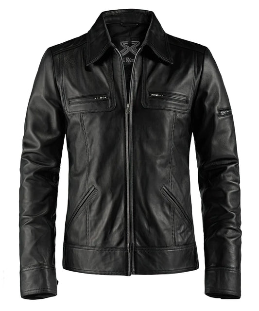 Vintage slim fit black leather jacket with retro pointed collar styling and zip chest pocket detailing