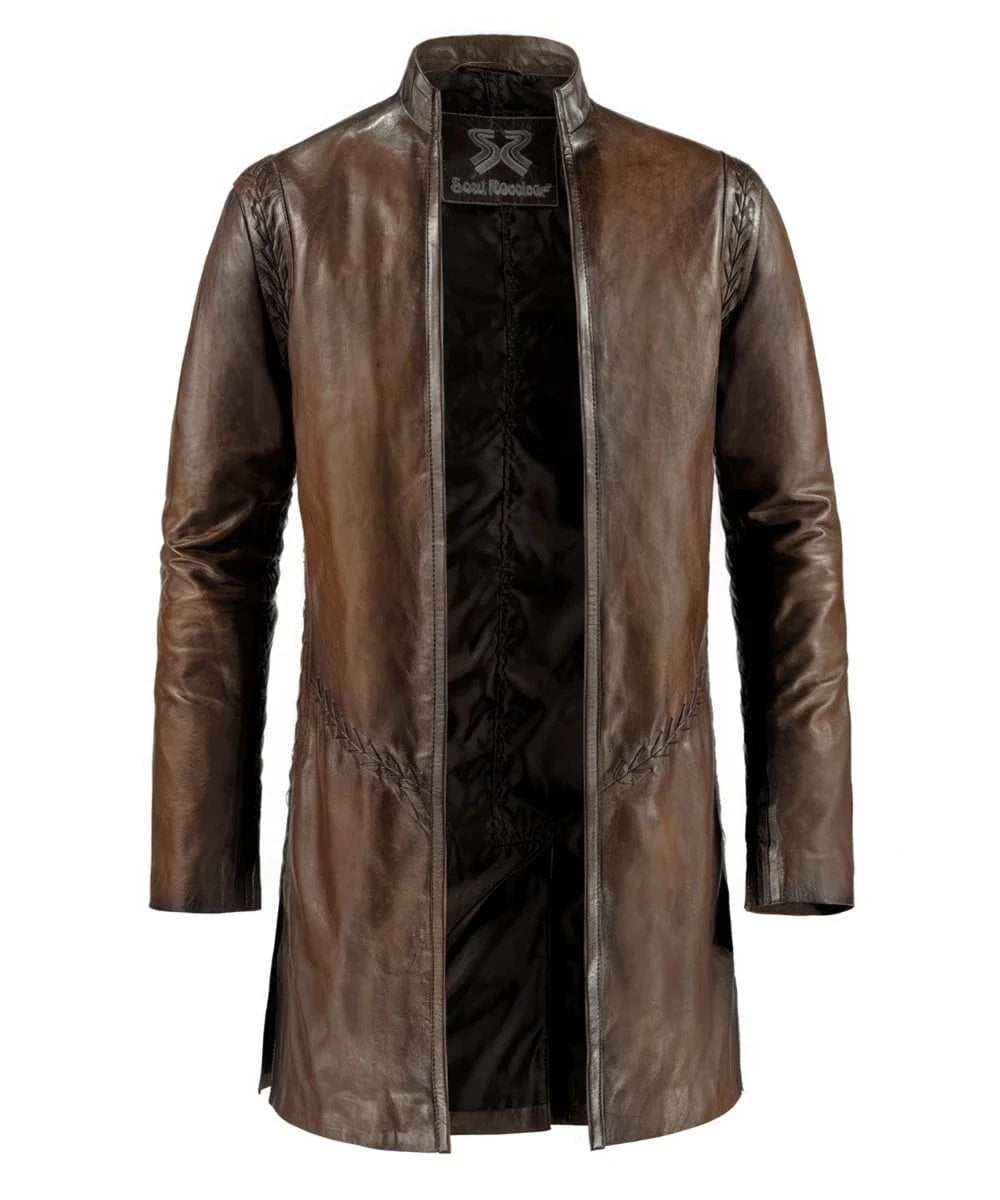 Ranger Aragorn Lord of the Rings replica brown leather coat with slim fit medieval styling and weathered fantasy inspired design
