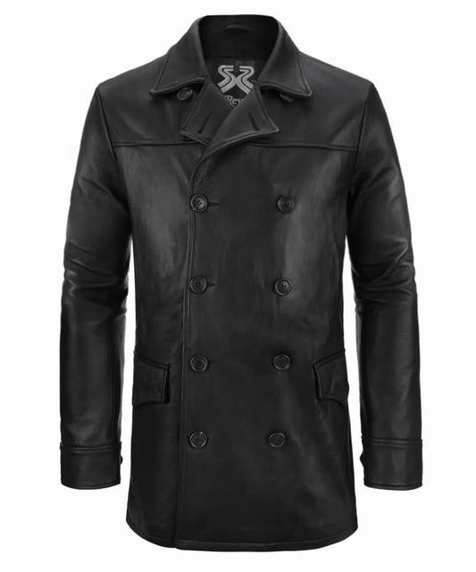 Front view of men's black leather pea coat with slim fit vintage styling and classic double breasted design