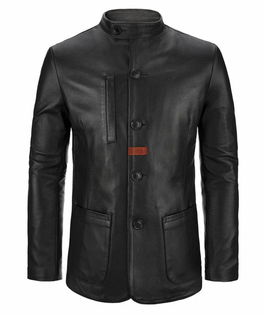 Front view of black leather jacket with slim fit modern military styling, stand collar, concealed button placket, and minimalist design