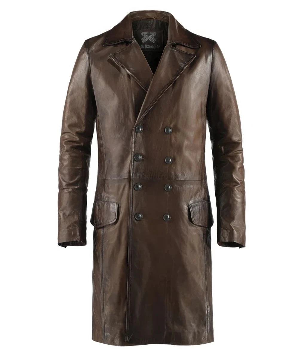 Front view of vintage brown leather coat with slim fit styling and classic tailored design