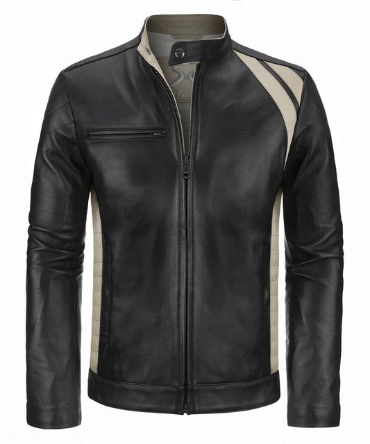 Front view of vintage black leather jacket with slim fit styling and contrast bone shoulder detailing