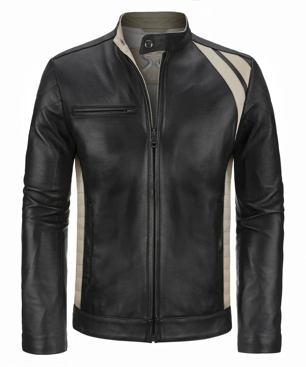 Front view of vintage black leather jacket with slim fit styling and contrast bone shoulder detailing