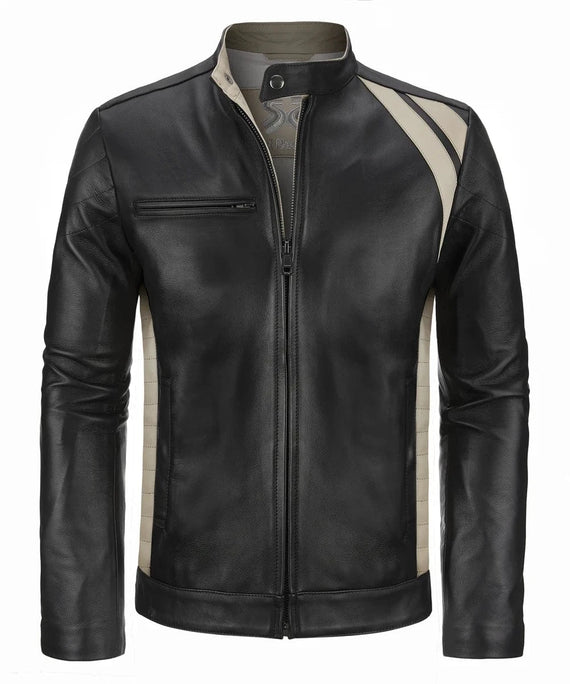 Front view of vintage black leather jacket with slim fit styling and contrast bone shoulder detailing