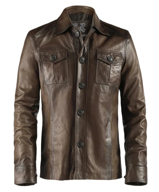 Front view of vintage brown leather shirt jacket with slim fit styling and classic button front design