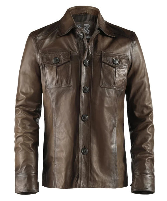 Front view of vintage brown leather shirt jacket with slim fit styling and classic button front design