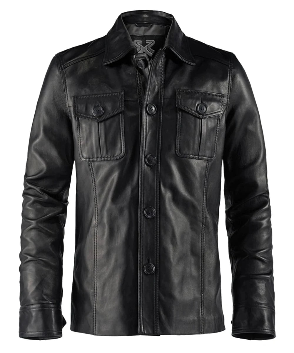 Front view of vintage black leather shirt jacket with slim fit styling and classic button front design