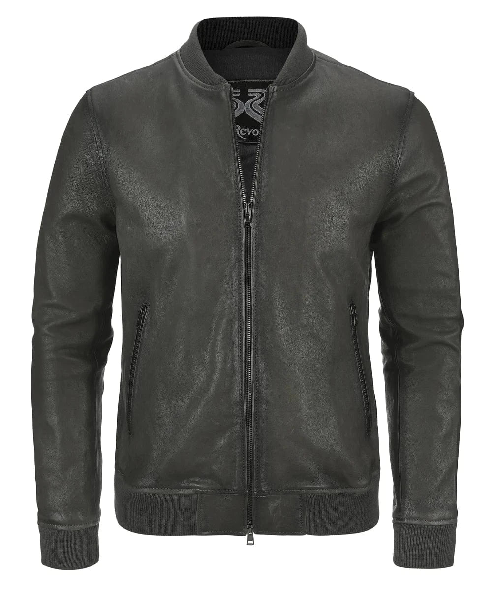 Front view of vintage grey leather bomber jacket with slim fit styling and ribbed knit trim