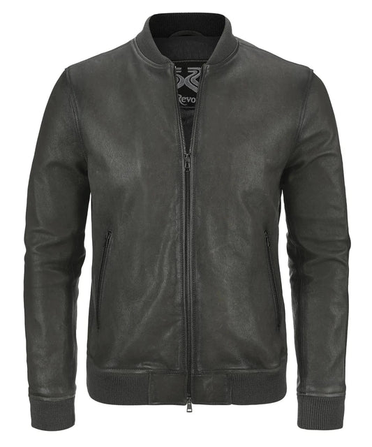 Front view of vintage grey leather bomber jacket with slim fit styling and ribbed knit trim