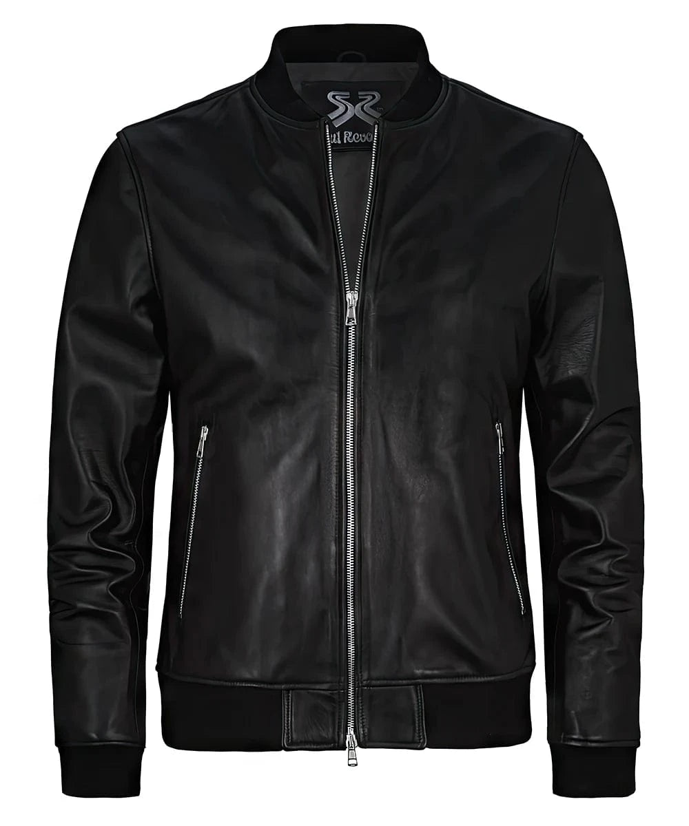 Front view of vintage black leather bomber jacket with slim fit styling and ribbed knit trim
