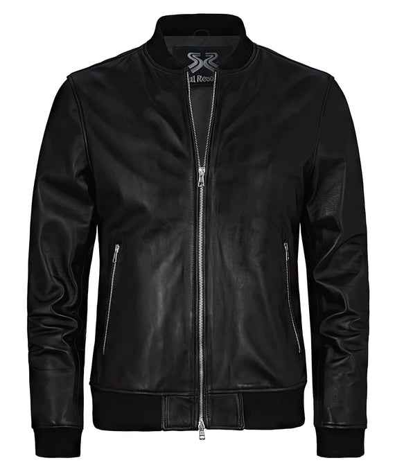 Front view of vintage black leather bomber jacket with slim fit styling and ribbed knit trim