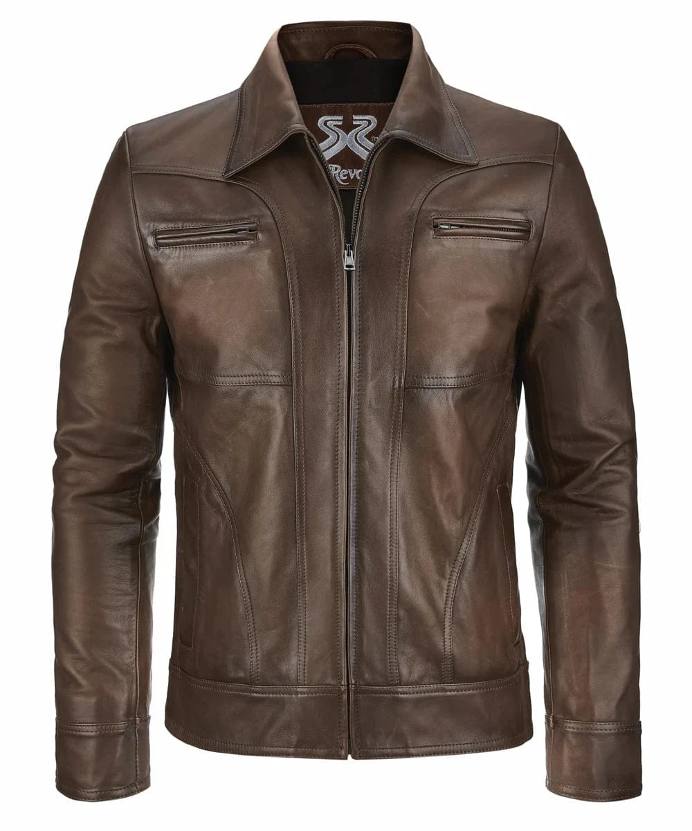 Front view of vintage brown leather jacket with slim fit styling and zip chest pocket detailing