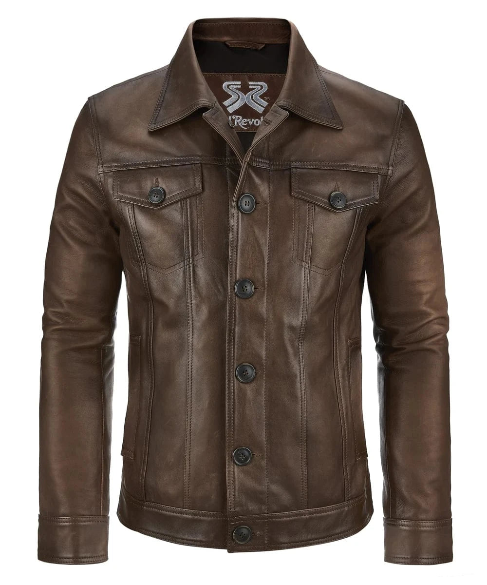 Front view of vintage brown leather trucker jacket with slim fit styling and classic trucker inspired design