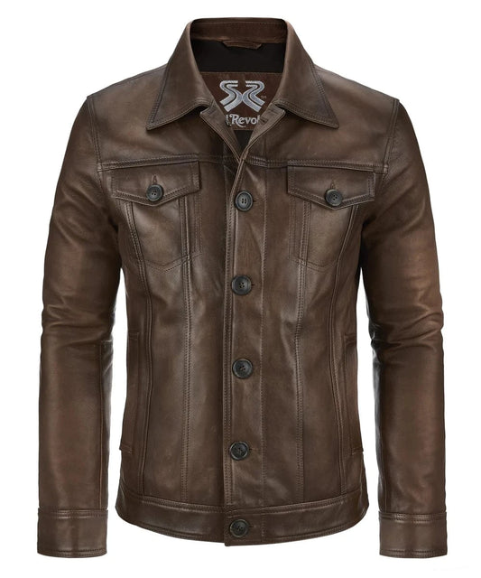 Front view of vintage brown leather trucker jacket with slim fit styling and classic trucker inspired design