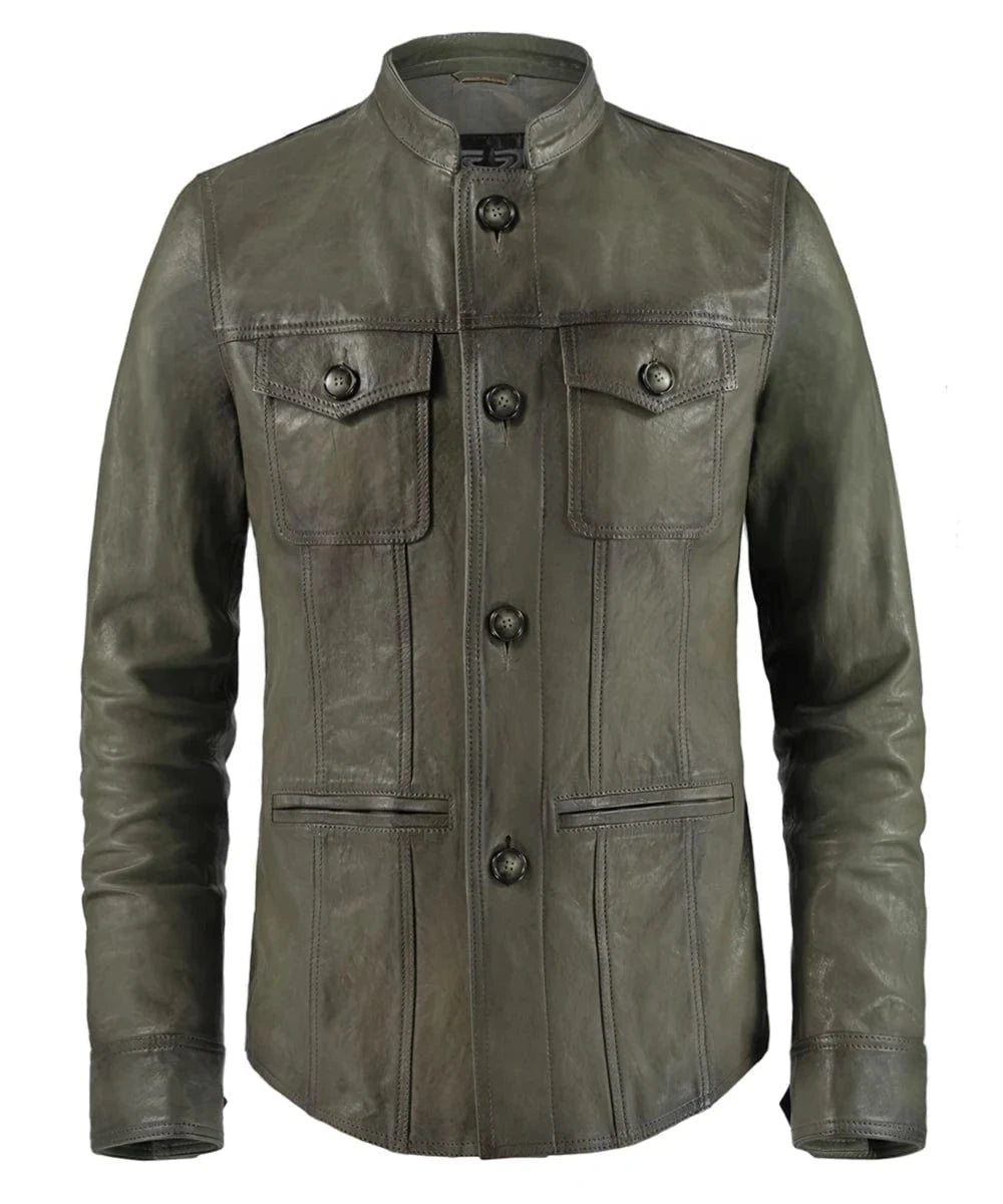 Front view of vintage black leather shirt jacket with slim fit styling and button front design