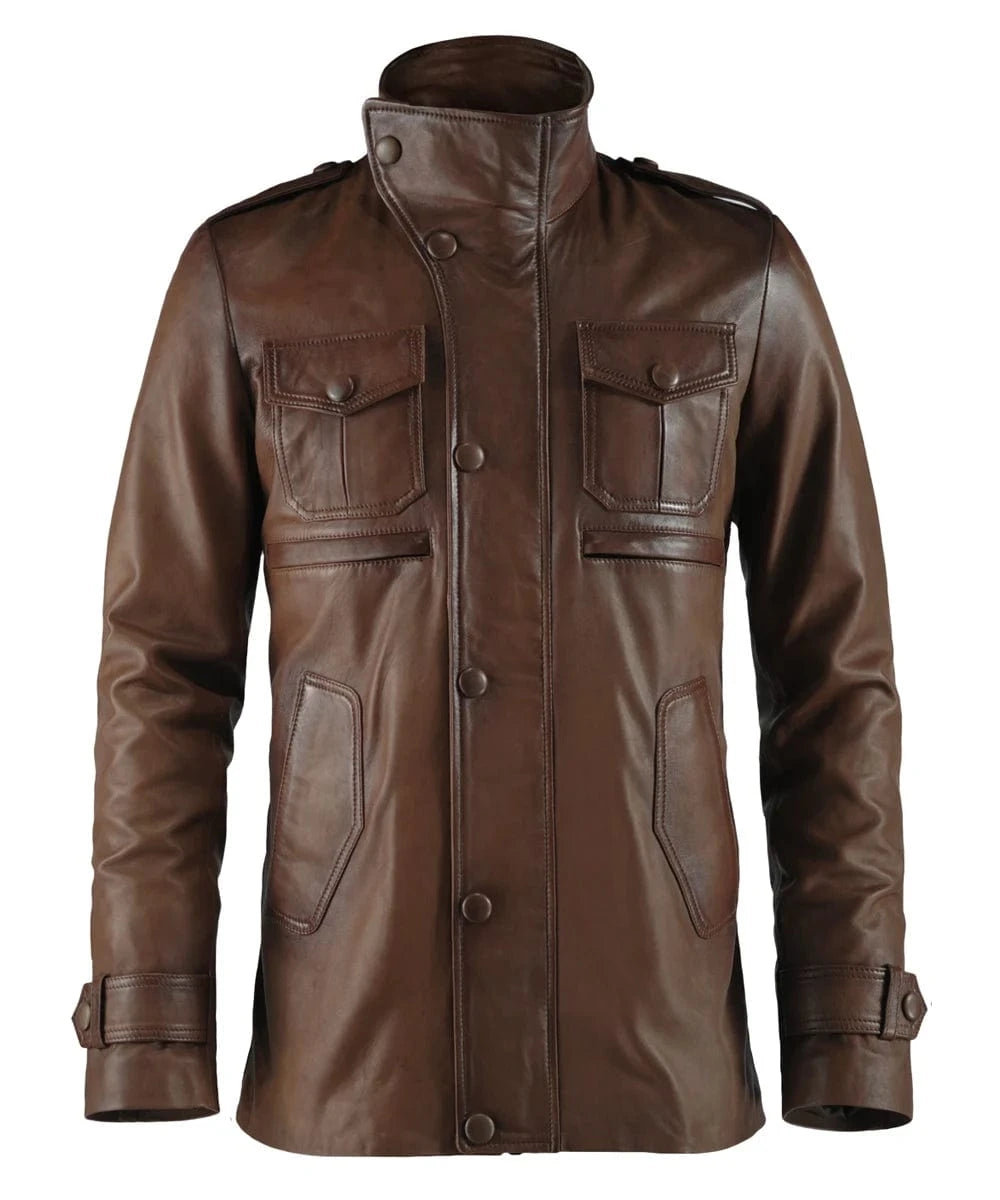 Front view of vintage brown leather field jacket with slim fit styling and utility pocket detailing
