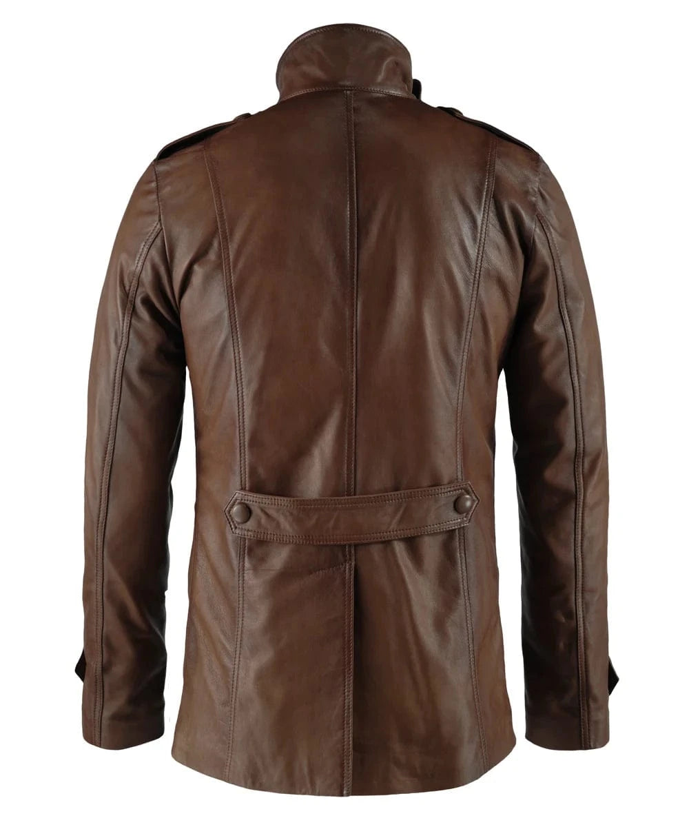 Back view of vintage brown leather field jacket with slim fit styling