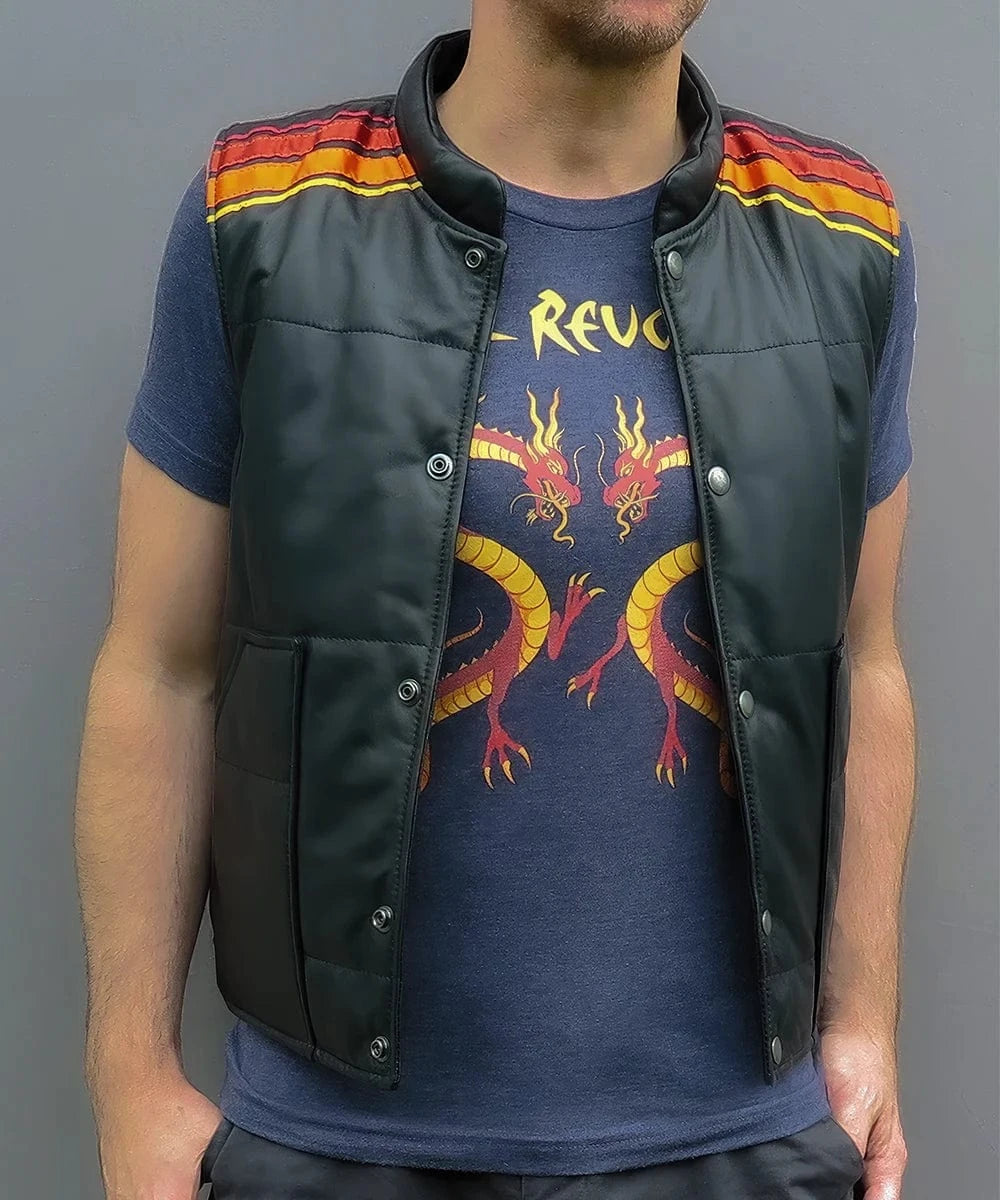 Model wearing Tyler Durden Fight Club replica black leather vest with distressed detailing and shoulder stripe accents