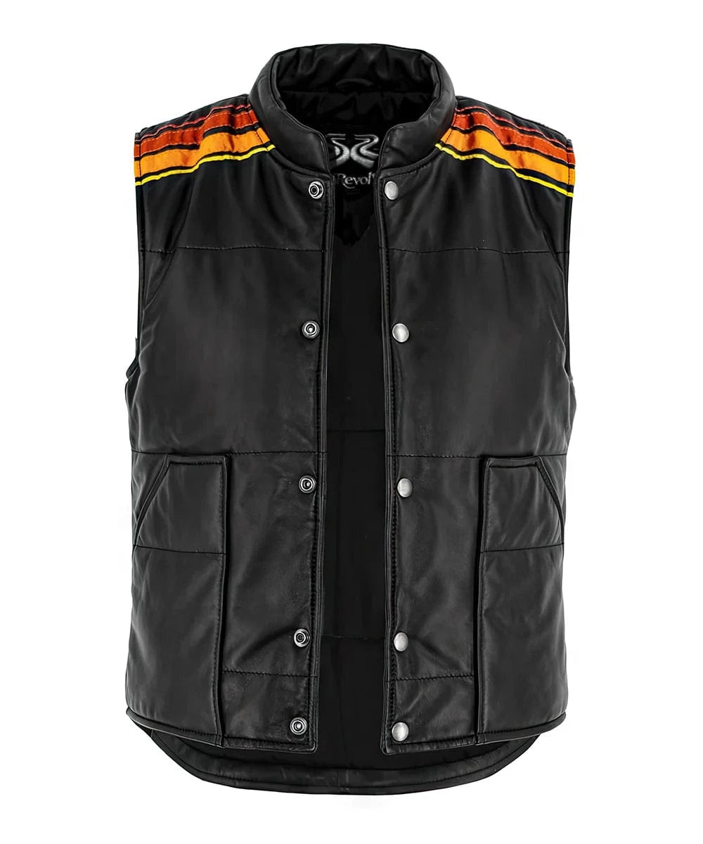 Front view of Tyler Durden Fight Club replica black leather vest with distressed detailing and shoulder stripe accents
