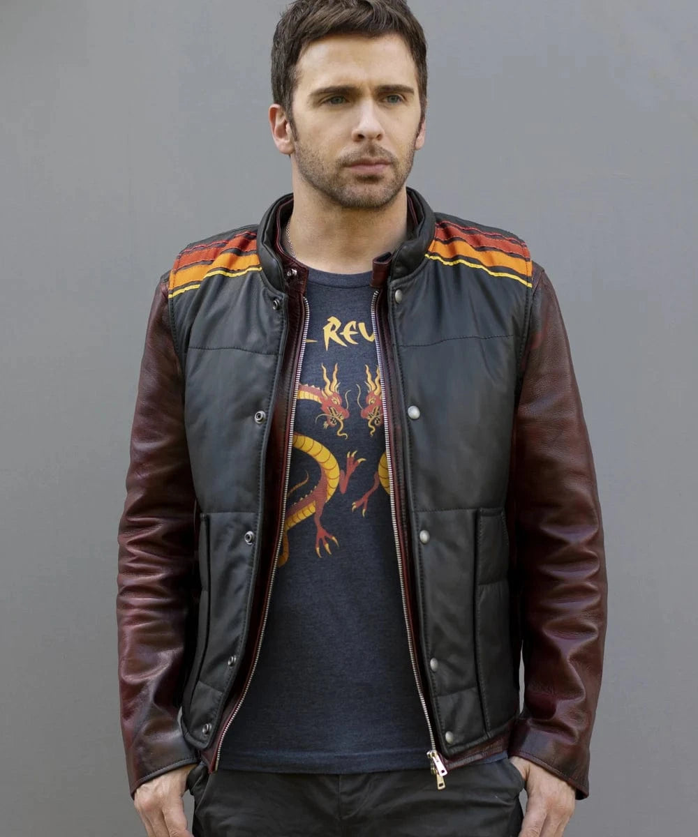 Model wearing Tyler Durden Fight Club replica black leather vest layered over red leather jacket