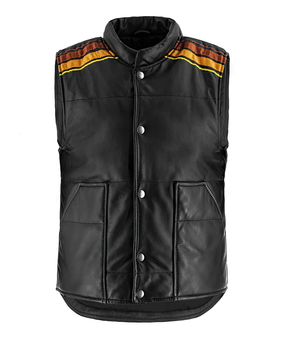 Front view of Tyler Durden Fight Club black leather vest with distressed detailing and shoulder stripe accents