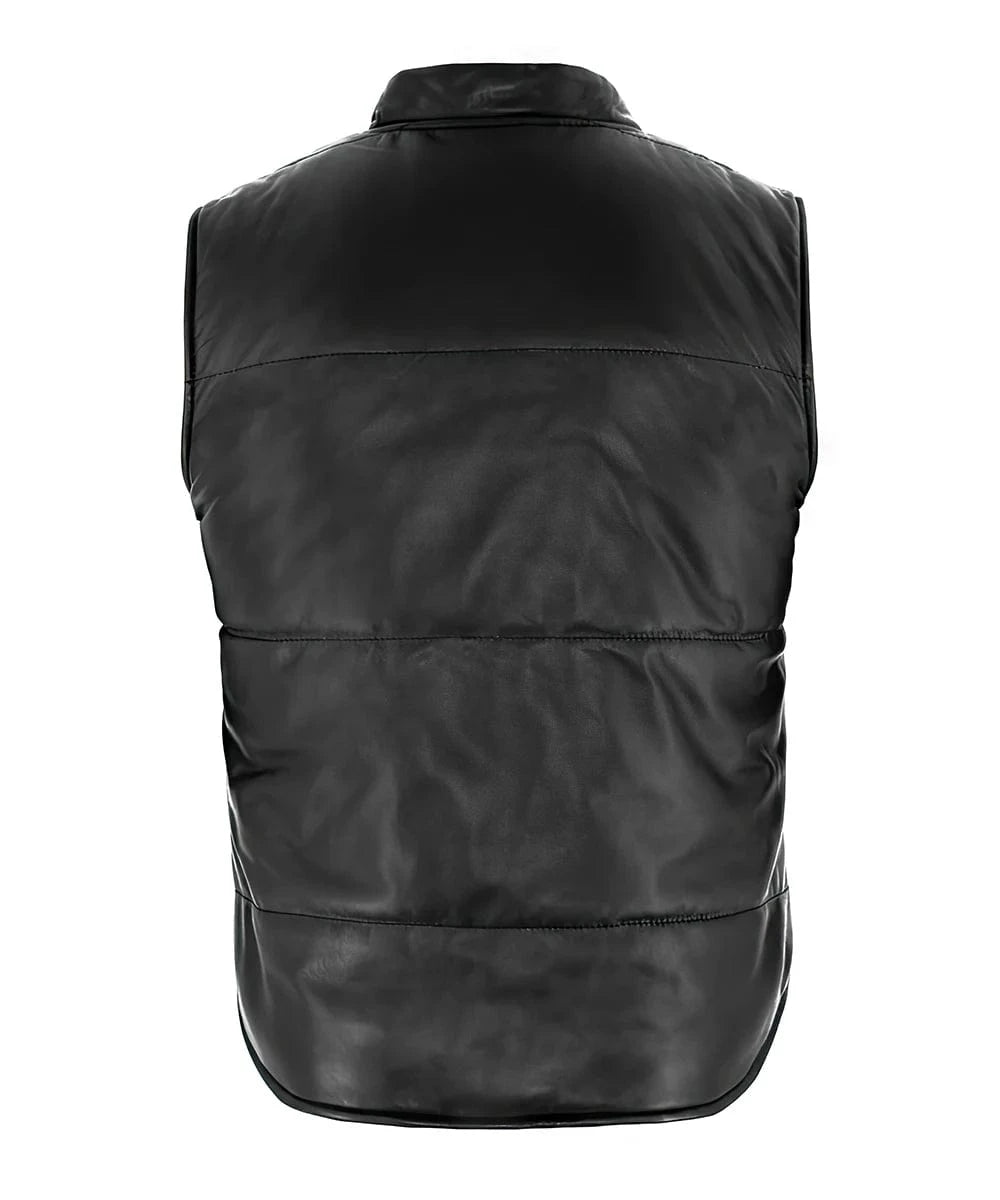 Back view of Tyler Durden Fight Club black leather vest with distressed styling