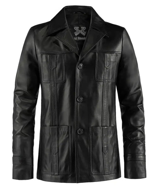 Premium black leather Life on Mars jacket with slim fit styling, vintage wide collar, button front closure, and retro utility pocket detailing