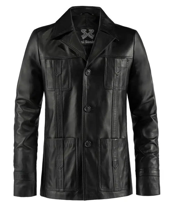 Premium black leather Life on Mars jacket with slim fit styling, vintage wide collar, button front closure, and retro utility pocket detailing