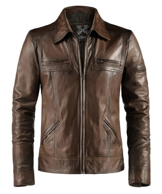 Vintage slim fit brown leather jacket with retro pointed collar styling and zip chest pocket detailing