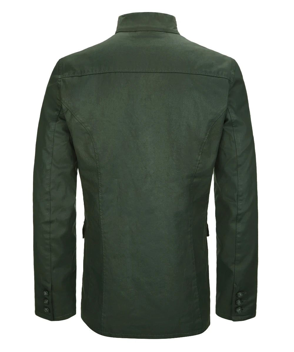 Back view of green safari field jacket with Band collar and tailored fit