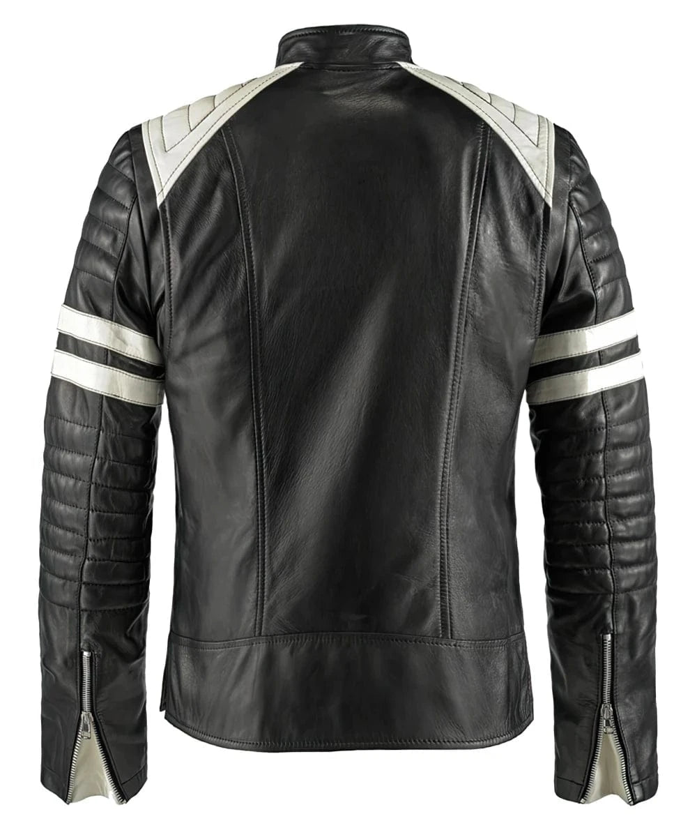 Back view of Mayhem Fight Club film black leather jacket with slim fit vintage biker styling inspired by Brad Pitt