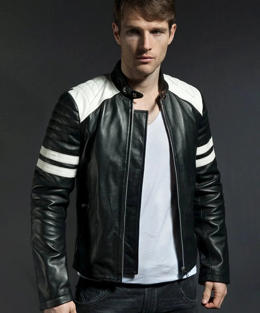 Model wearing Mayhem Fight Club film black leather jacket with slim fit vintage biker styling inspired by Brad Pitt