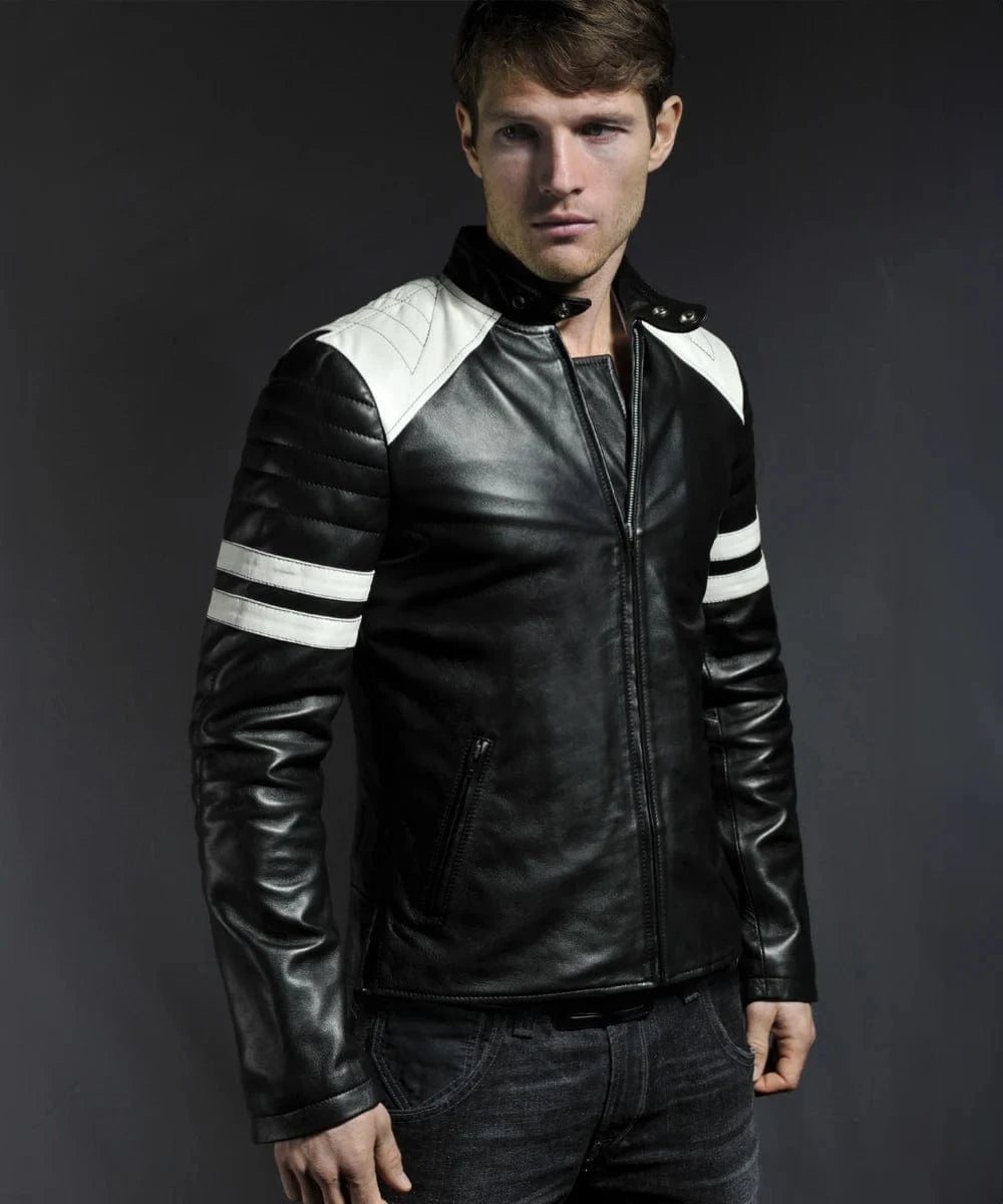 Model in tudio wearing Mayhem Fight Club black leather jacket with slim fit vintage biker styling