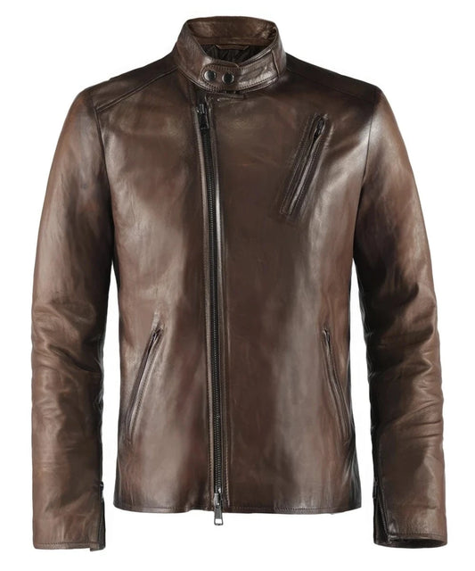 Iron Man vintage style slim fit brown leather cafe racer jacket with angled zip chest pocket detailing and biker inspired styling