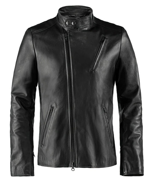 Iron Man black leather motorcycle jacket with cafe racer styling