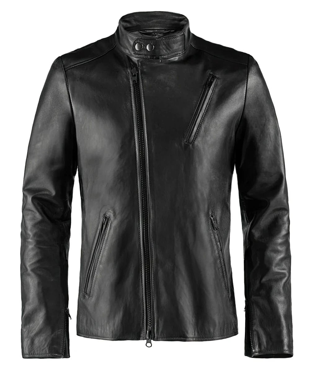 Iron Man black leather motorcycle jacket with cafe racer styling