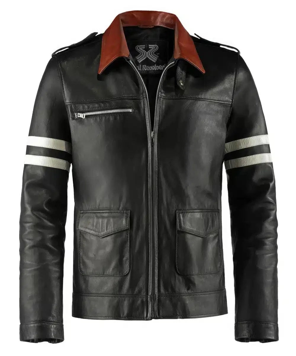 Prototype Alex Mercer black leather jacket with slim fit vintage styling and contrast collar detailing