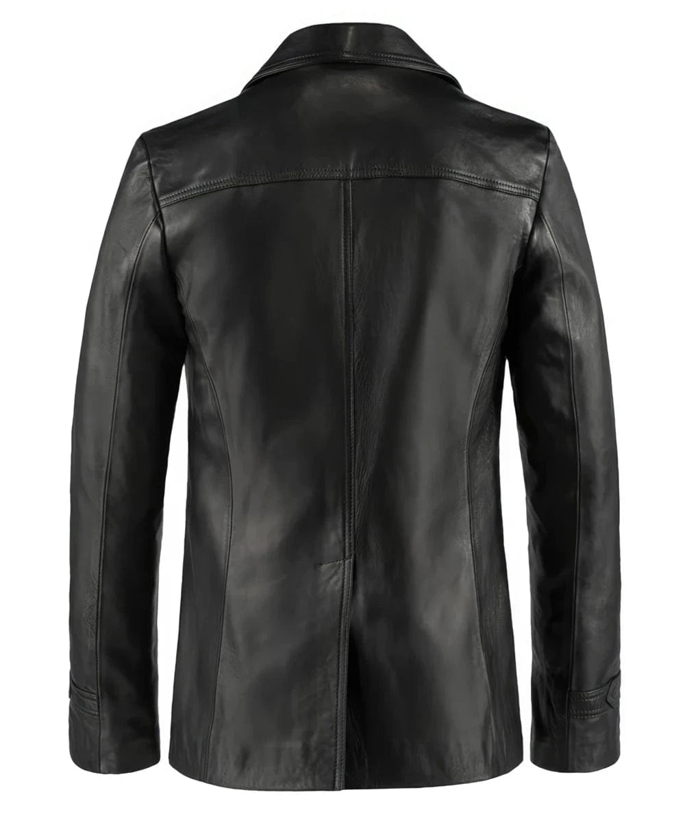 Rear view of the black leather Life on Mars jacket with slim fit tailoring, vintage wide collar, and clean retro styling