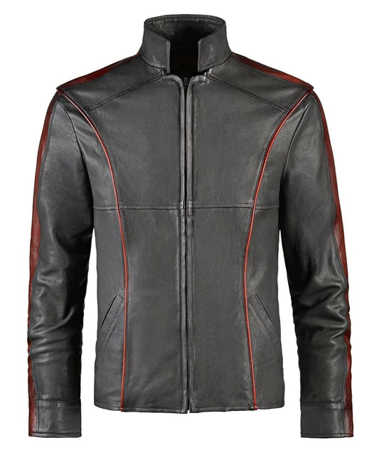 Mass Effect grey leather jacket with slim fit futuristic styling and contrast red piping detail