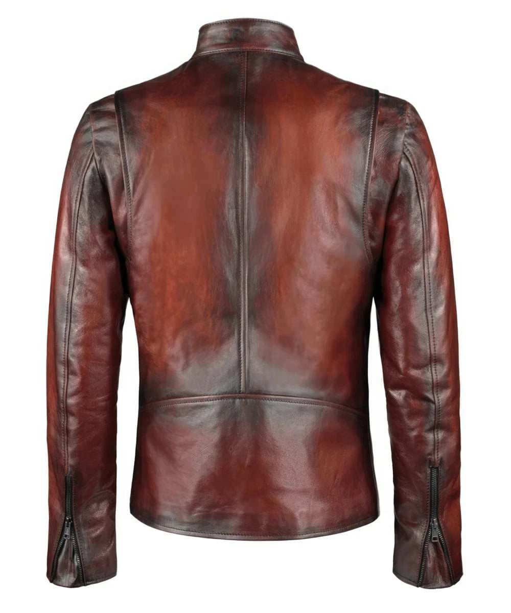 Vintage slim fit antique red leather jacket inspired by Iron Man, featuring a distressed hand-finished red and black leather effect, fitted waist, rear center seam detailing, and zip cuffs for a sleek biker shape