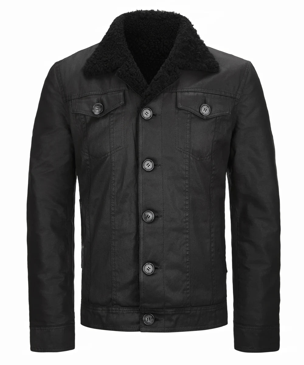 Front view of men's black cotton jacket with slim fit vintage styling, shearling collar, and classic trucker inspired design